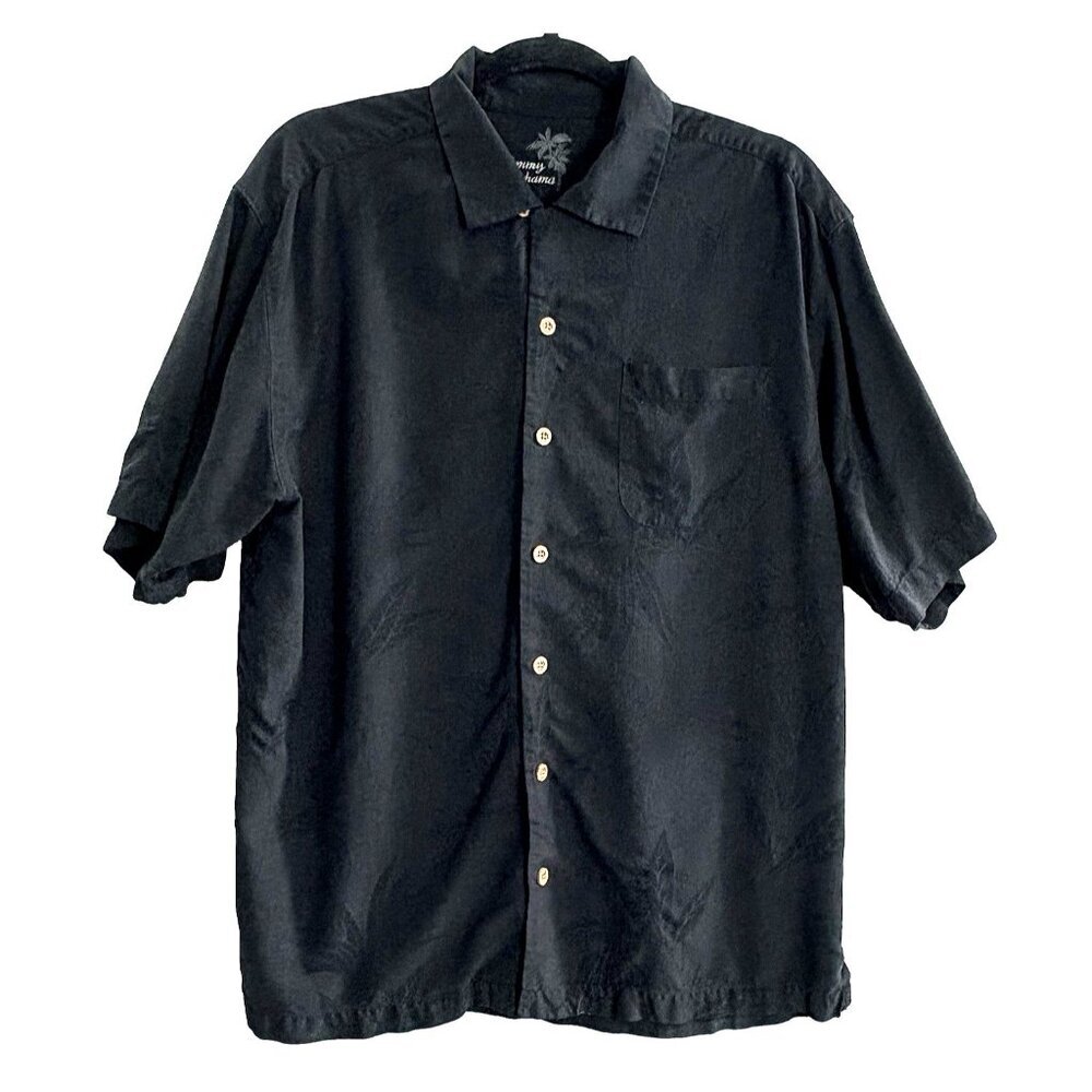 TOMMY BAHAMA Men Maui Border Silk Button Front Short Sleeve Shirt Sz L Black